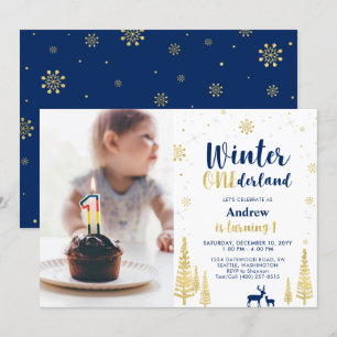 Winter Onederland, Gold & Navy Jungen 1. Geburtsta Einladung
