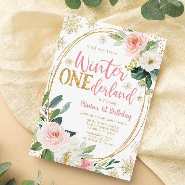 Winter ONEderland Gold Pink Floral Geburtstag Einladung (Von Creator hochgeladen)