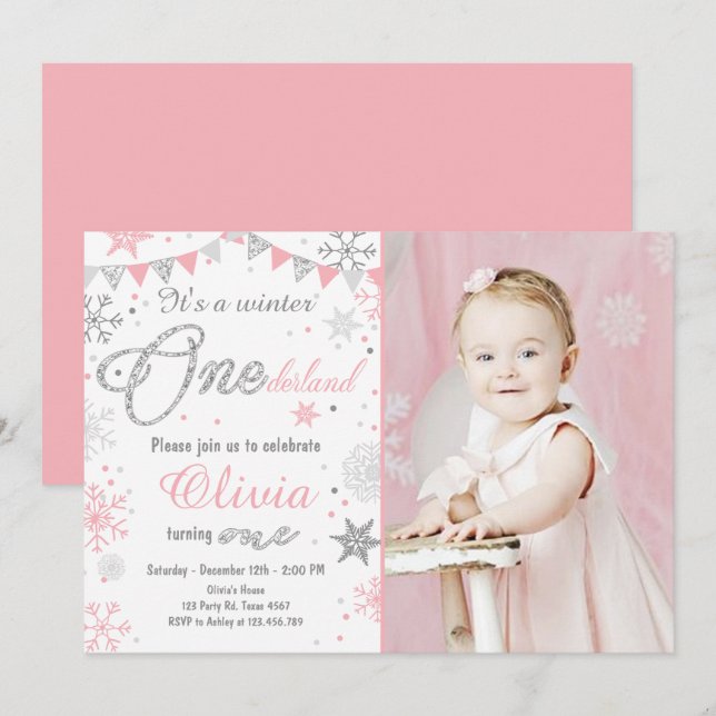 Winter Onederland invitation anniversaire Pink arg (Devant / Derrière)