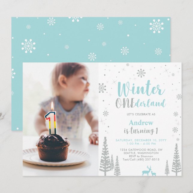 Winter Onederland, Junge 1. Foto Geburtstag Einladung (Vorne/Hinten)