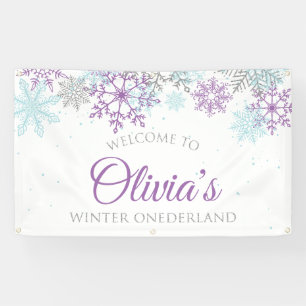 Winter Onederland Lila Blau Geburtstag Willkommen Banner
