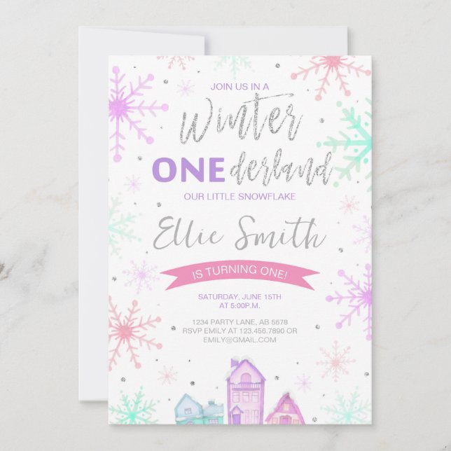 Winter Onederland Lila, Blau und Rosa Einladung (Vorderseite)