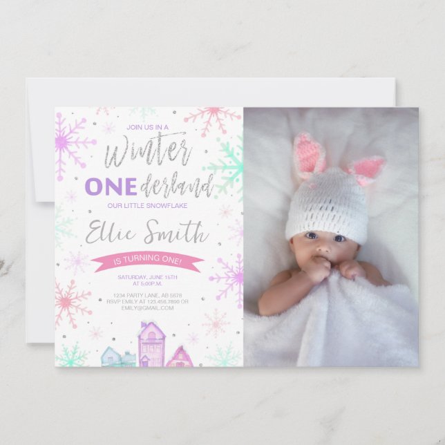 Winter Onederland Lila, Blau und Rosa Foto Einladung (Vorderseite)