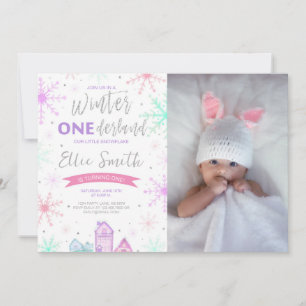 Winter Onederland Lila, Blau und Rosa Foto Einladung