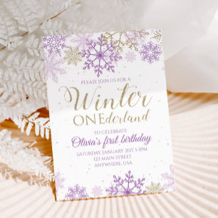 Winter Onederland Lila und Gold Schneeflocken Einl Einladung