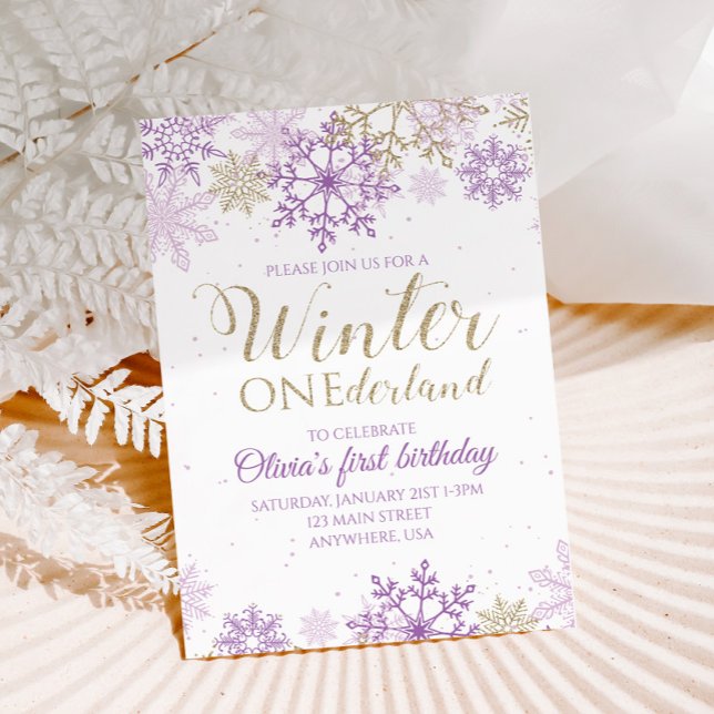 Winter Onederland Lila und Gold Snowflake Einladun Einladung (Von Creator hochgeladen)