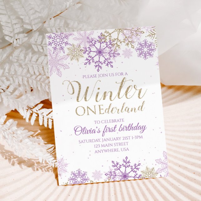Winter Onederland Lila und Gold Snowflake Einladun Einladung (Von Creator hochgeladen)