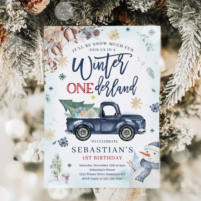 Winter ONEderland Navy Winter Truck Snowman Party Einladung (Von Creator hochgeladen)