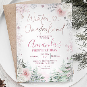 Winter Onederland Pastell Pink Snowflake Geburtsta Einladung