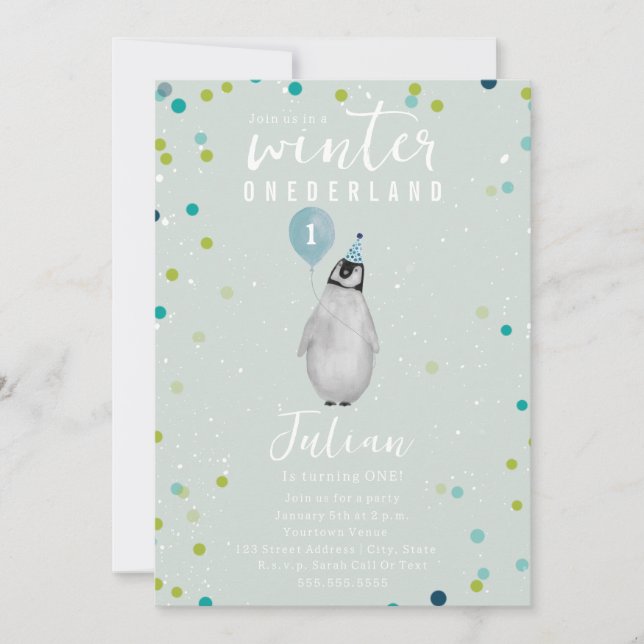 Winter Onederland Penguin Blue Balloon Geburtstag Einladung (Vorderseite)