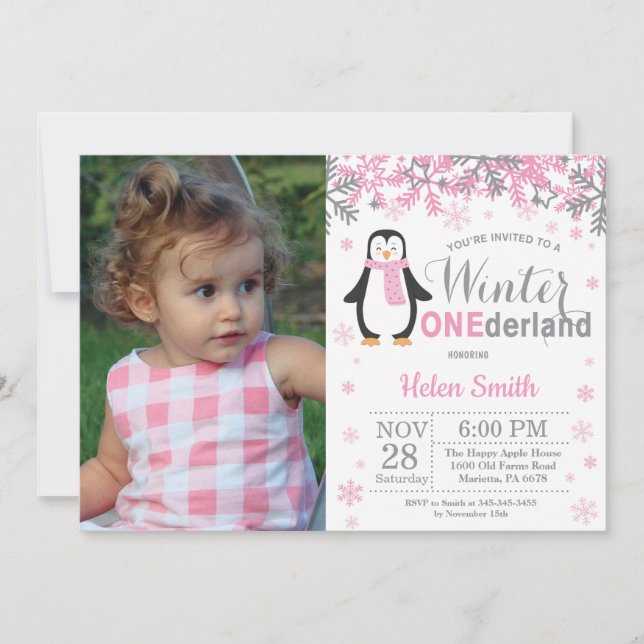 Winter Onederland Pinguin Girl 1. Geburtstag Einladung (Vorderseite)