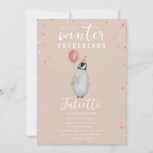 Winter Onederland Pink Balloon Pinguin Birthday Einladung