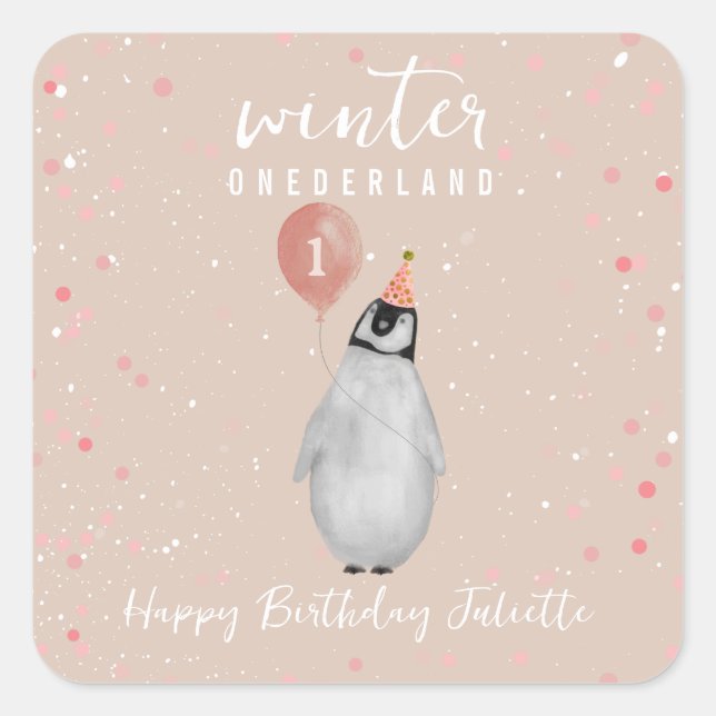 Winter Onederland Pink Balloon Pinguin Birthday Quadratischer Aufkleber (Vorderseite)