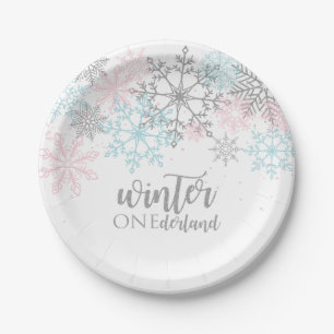 Winter Onederland Pink Blue Silver Glitzer Pappteller