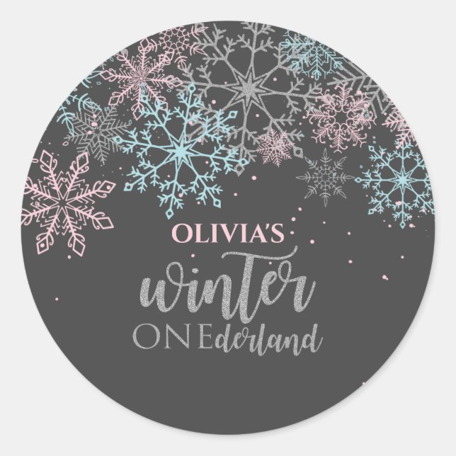 Winter Onederland Pink Blue Silver Glitzer Runder Aufkleber (Vorderseite)