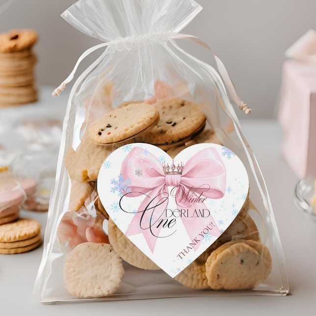 Winter ONEderland Pink Bow 1st Birthday Party Herz-Aufkleber (Von Creator hochgeladen)