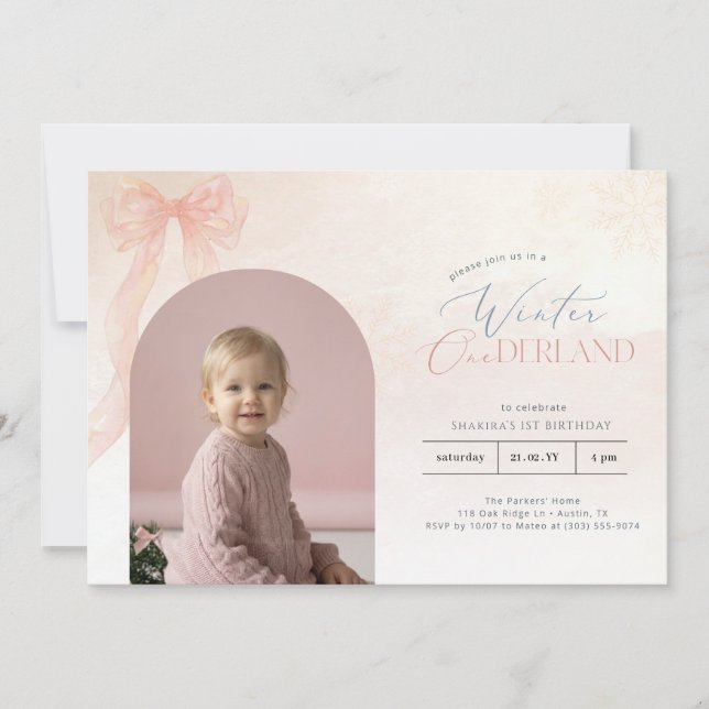 Winter Onederland Pink Bow Arch Photo 1st Birthday Einladung (Vorderseite)