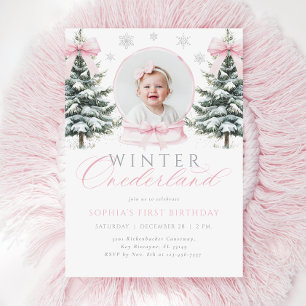 Winter ONEderland Pink Bow Erster Geburtstag Einladung