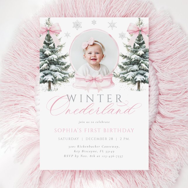 Winter ONEderland Pink Bow Erster Geburtstag Einladung (Von Creator hochgeladen)
