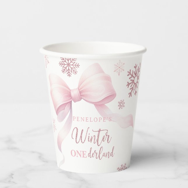 Winter Onederland Pink Bow Girl 1st Birthday Pappbecher (Vorderseite)