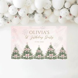Winter Onederland Pink Bow Pine Trees 1st Birthday Banner