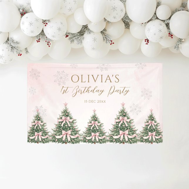 Winter Onederland Pink Bow Pine Trees 1st Birthday Banner (Von Creator hochgeladen)
