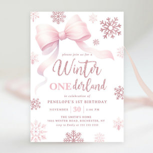 Winter Onederland Pink Bow Snowflake 1. Geburtstag Einladung