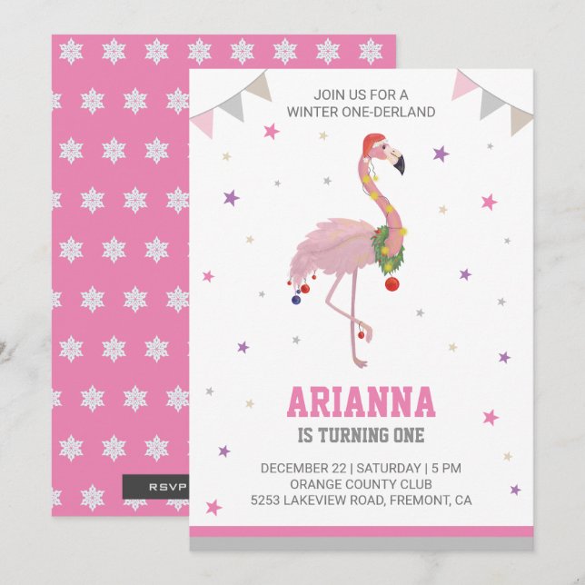 Winter ONEderland Pink Flamingo 1. Girls Geburtsta Einladung (Vorne/Hinten)