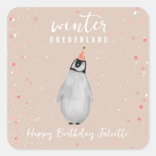 Winter Onederland Pink Geburtstag Pinguin Confetti Quadratischer Aufkleber