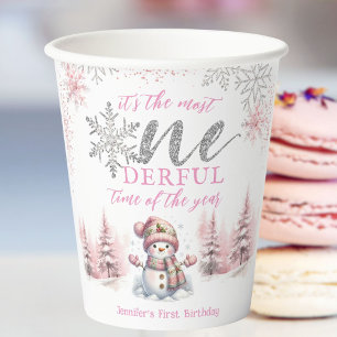 Winter ONEderland Pink Girl Weihnachten 1. Geburts Pappbecher