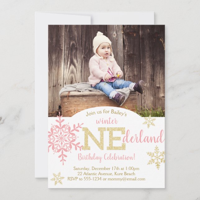 Winter ONEderland Pink & Gold Glitzer 1. Geburtsta Einladung (Vorderseite)