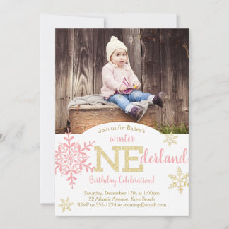 Winter ONEderland Pink & Gold Glitzer 1. Geburtsta Einladung
