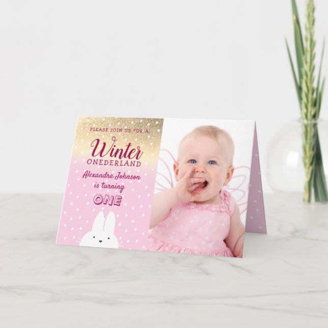 Winter Onederland Pink & Gold Glitzer 1. Geburtsta Einladung (Vorderseite)