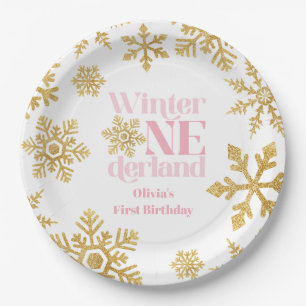 Winter Onederland Pink Gold Schneeflocke 1. Geburt Pappteller