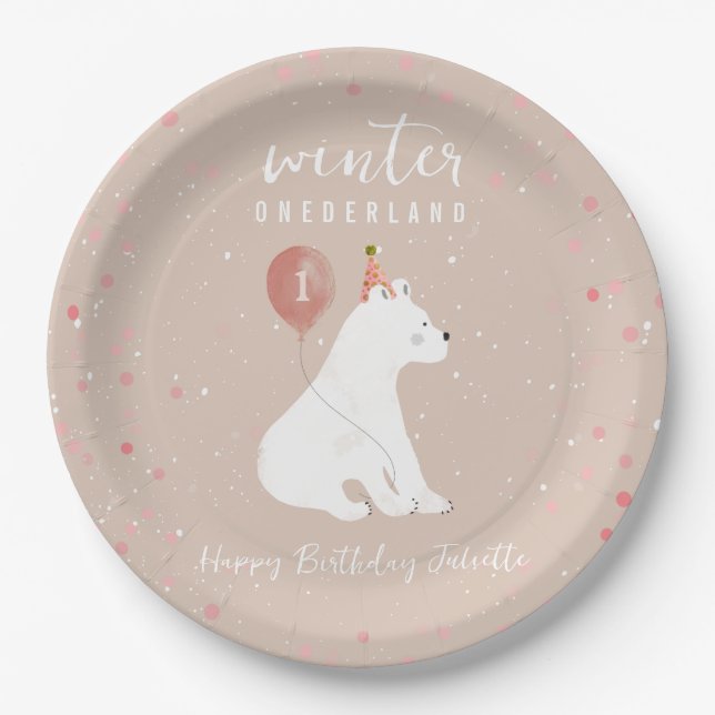 Winter Onederland Pink Polar Bear 1. Geburtstag Pappteller (Vorderseite)
