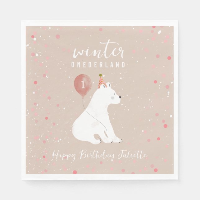 Winter Onederland Pink Polar Bear 1. Geburtstag Serviette (Vorderseite)