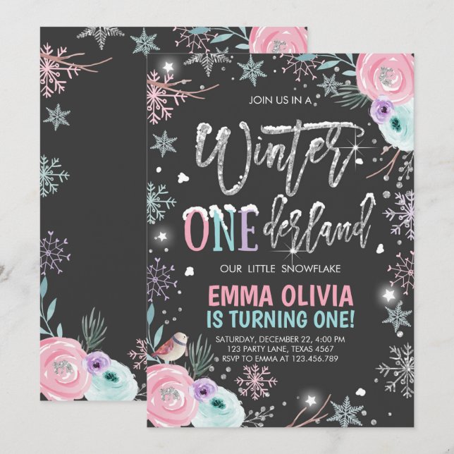 Winter ONEderland Pink Silver Black Erster Geburts Einladung (Vorne/Hinten)