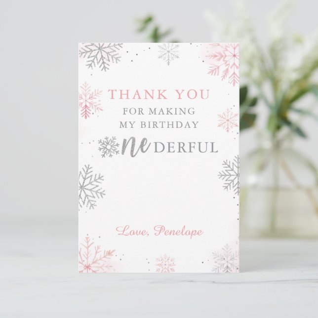 Winter Onederland Pink Silver Erster Geburtstag Dankeskarte (Stehend Vorderseite)