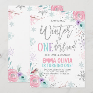 Winter ONEderland Pink Silver Erster Geburtstag Einladung