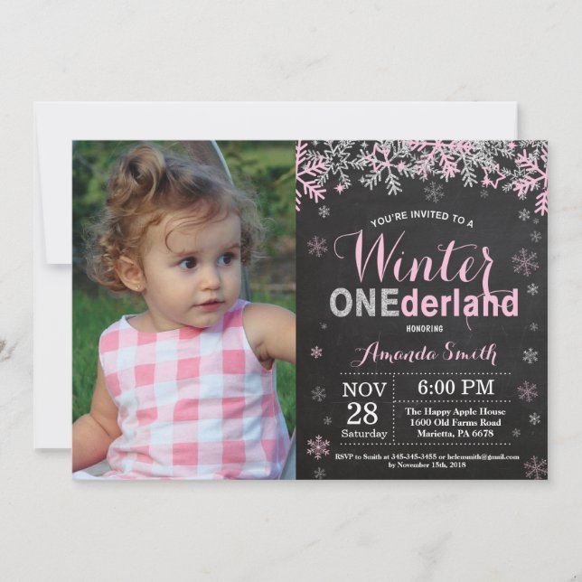 Winter Onederland Pink Silver Girl 1. Geburtstag Einladung (Vorderseite)