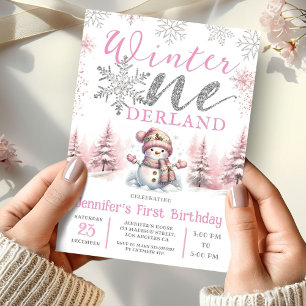Winter Onederland Pink Silver Glitzer 1. Geburtsta Einladung
