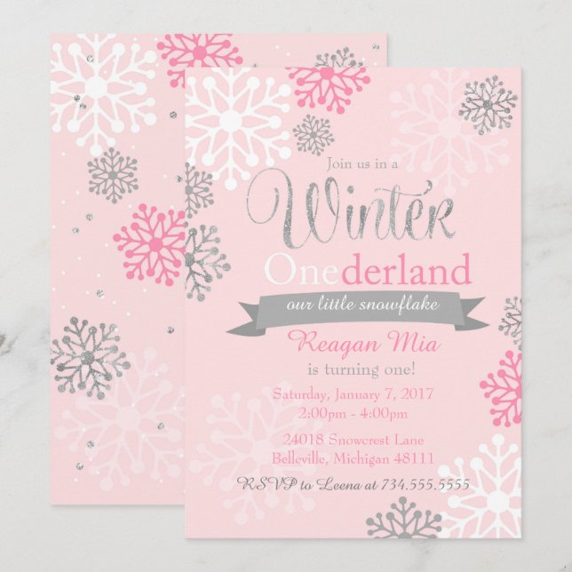 Winter Onederland Pink Silver Glitzer Einladung (Vorne/Hinten)