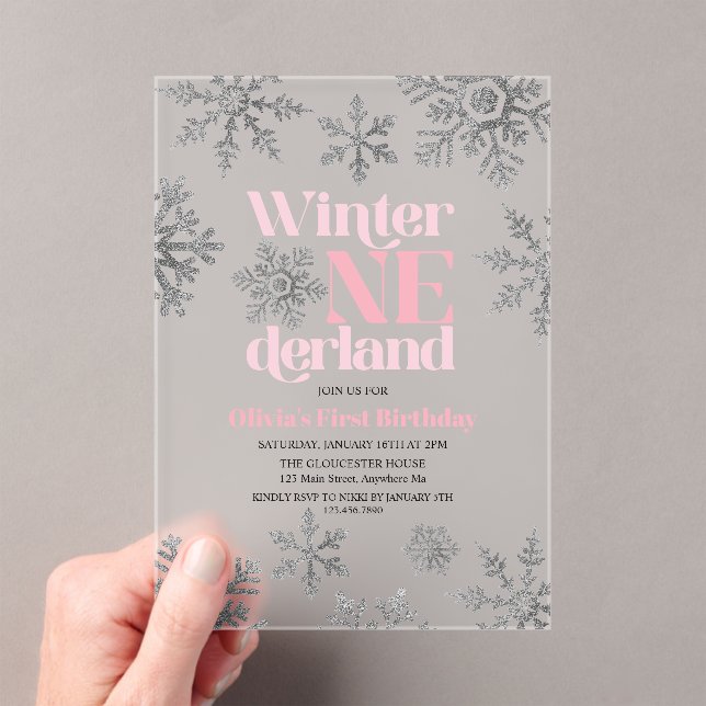 Winter Onederland Pink Silver Snowflake Geburtstag Acryleinladungen (Insitu (Handheld))