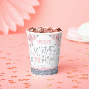 Winter ONEderland Pink Silver Snowflake Party Pappbecher