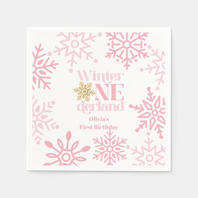 Winter Onederland Pink Snowflake 1. Geburtstag Serviette (Vorderseite)
