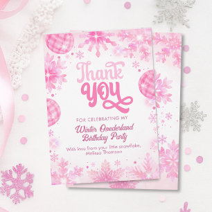 Winter Onederland Pink Snowflake Erster Geburtstag Dankeskarte