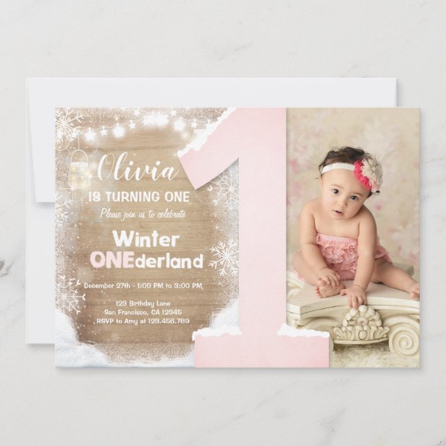 Winter Onederland Pink Snowflake Girl 1. Geburtsta Einladung (Vorderseite)