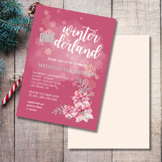Winter onederland pink snowflake pink poinsettia einladung