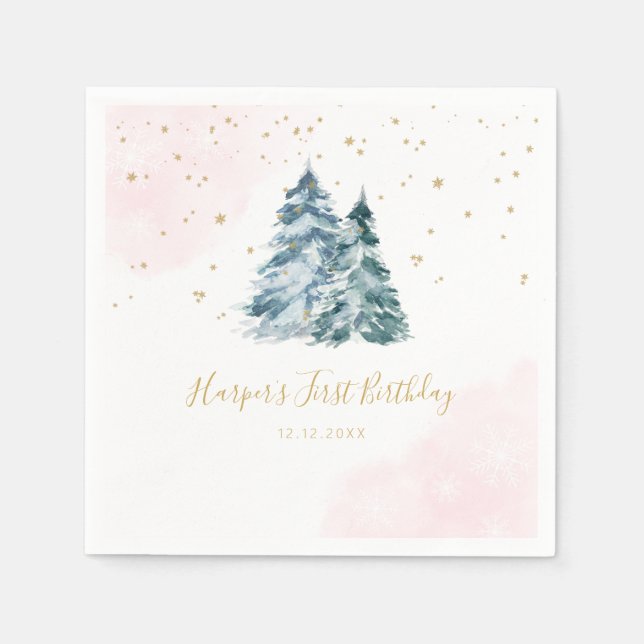 Winter Onederland Pink Snowy Pine Trees Serviette (Vorderseite)