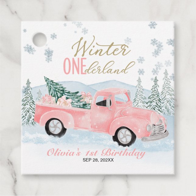 Winter Onederland Pink Truck First Birthday Geschenkanhänger (Vorderseite)